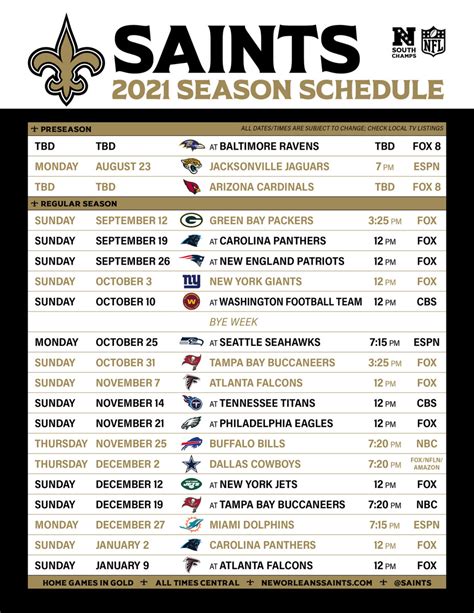 Saints Schedule 2022 Printable